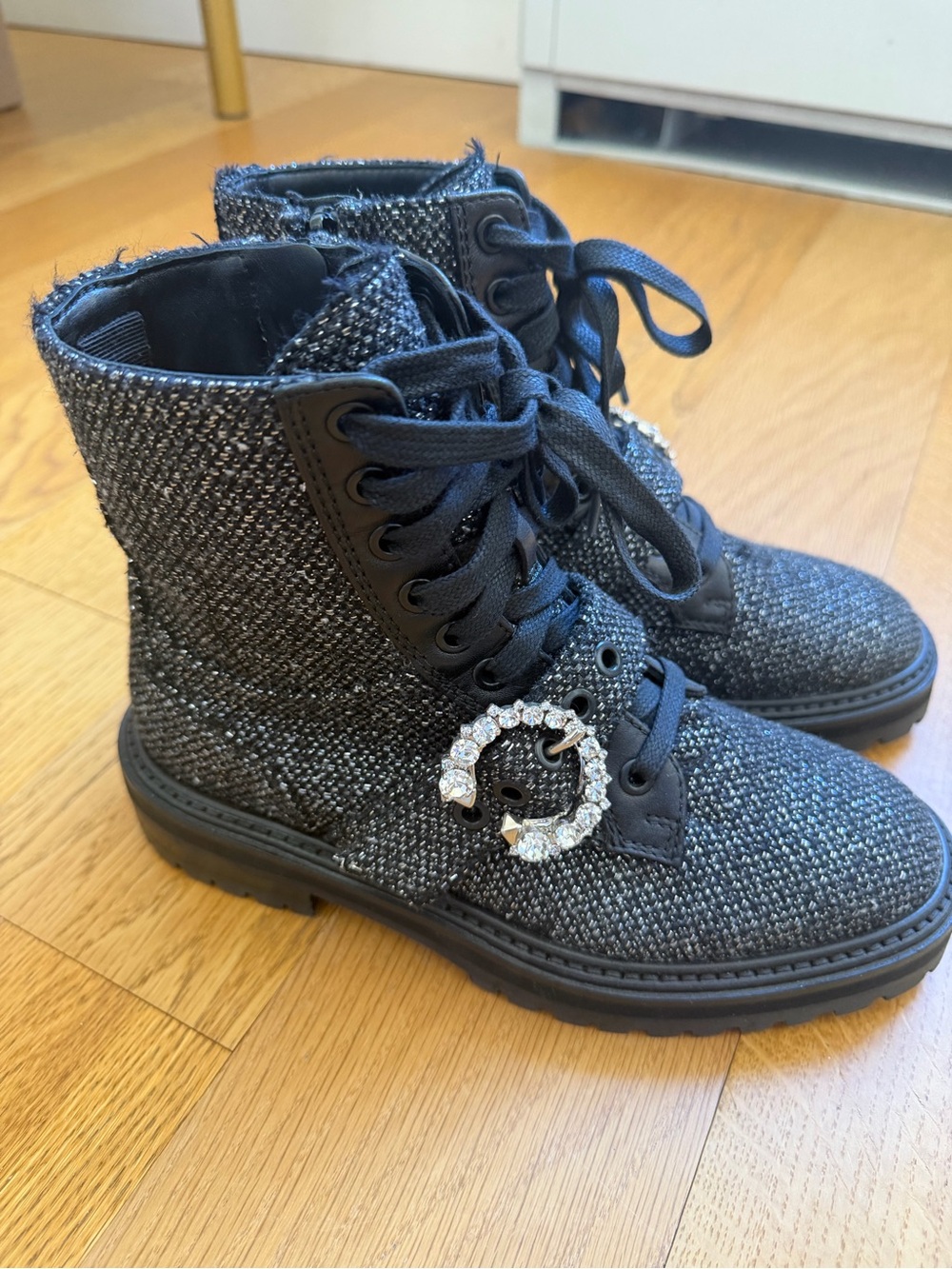 Jimmy Choo Tweed Lace-Up Combat Boots with Rhinestone Charm